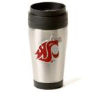 This 16 oz. tumbler features a stainless steel exterior, black plastic liner, and a black plastic splash-resistant sipper lid.