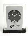 This elegant clock features heavy glass and silver metallic-finished panel on a black wood base with black clock face. WSU logo is imprinted below the clock face. 