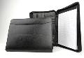 This zippered portfolio is made of Italian-style black leather with Washington State University debossed on the front cover. Inside features a business card pocket, several file pockets and writing pad.