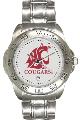 Men's or Women's stainless watch with clasp closure. WSU cougar head and COUGARS decorate the face in crimson. Features day of month indicator and glow in the dark hands.