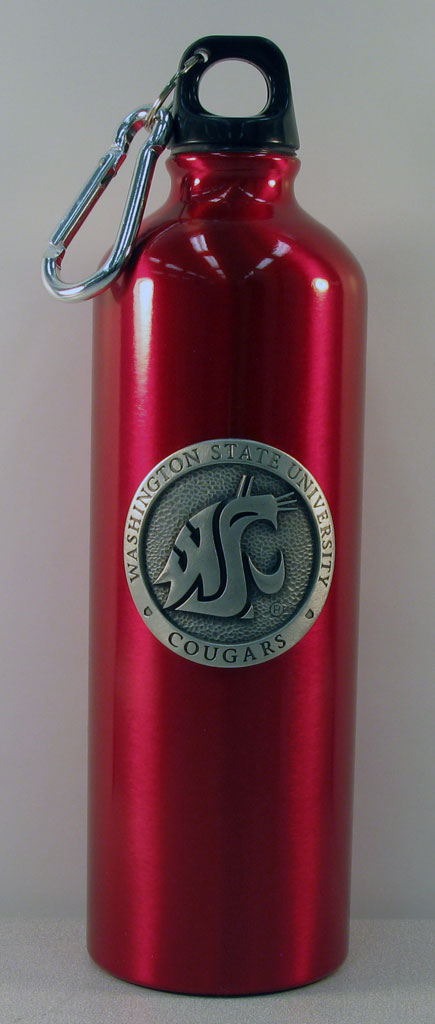 Aluminum water bottle in bright red with Washinton State University Cougars pewter medallion.