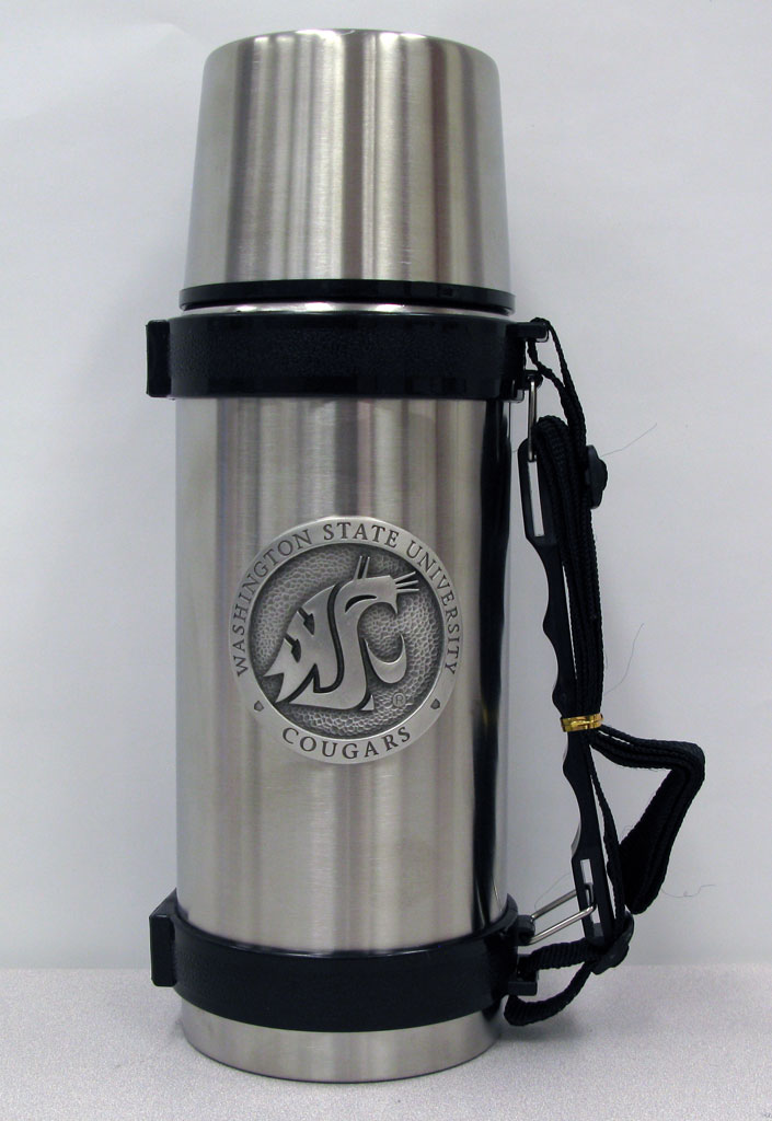 32 oz. Stainless steel thermos with Washinton State University Cougars pewter medallion.  Adjustable carrying strap; lid doubles as a cup.  