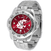 Men's or Women's stainless steel sport watch.  Crimson face with white cougar head logo. Features day of month window and glow in the dark hands.